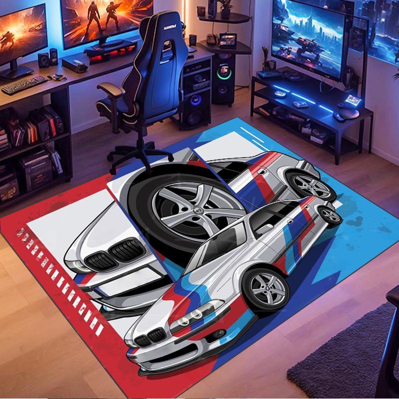 White Racing Sedan Tricolor Livery Comic Print Area Rug Non‑Slip Rectangular Floor Mat Auto Fan Decor for Gaming Bedroom Living Room