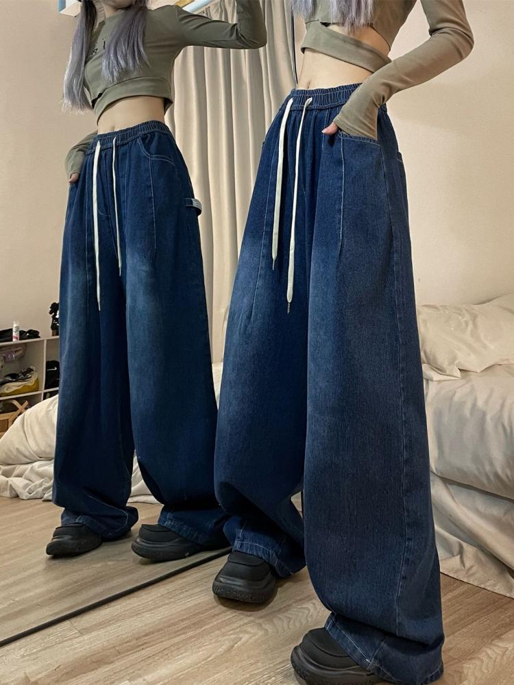 Jarní Vintage Baggy Jeans Elastický pas Ženy Oversized American Denim Široká noha Kalhoty Móda Streetwear Rovné Základní kalhoty Y2k