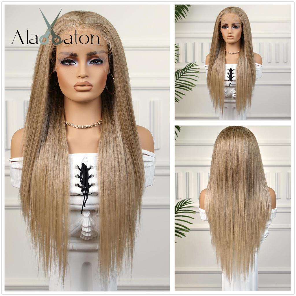 ALAN EATON Women's Fashion 13x4 Lace Front Wigs Black/Golden/Blonde Synthetic Long Straight Wig with Baby Hair for Women 180 Density