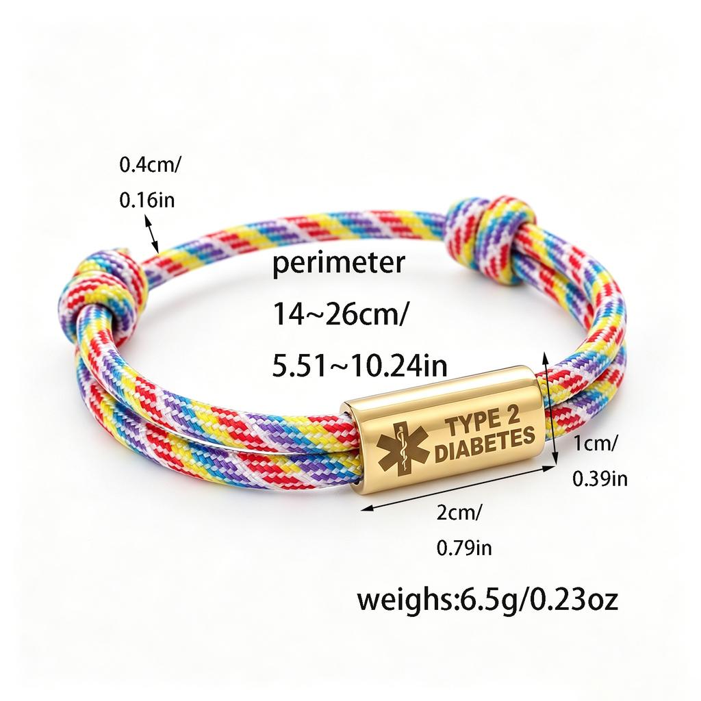 Bracciale Diabete di Tipo 2 Acciaio Inossidabile Barra Incisa Corda di Nylon Intrecciata Doppia per Uomo Donna