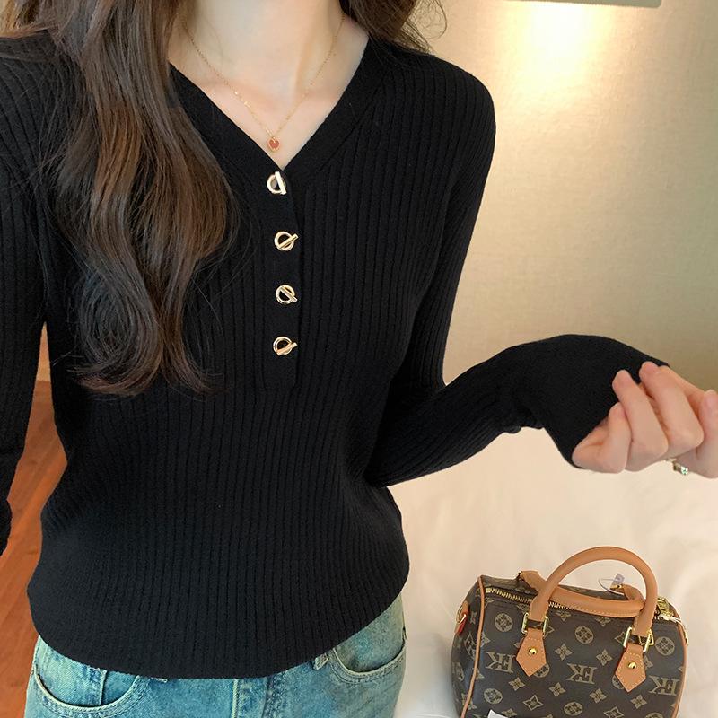 

Однотонный свитер с V-образным вырезом, длинными рукавами, новой женской осенне-зимней приталенной посадкой и универсальным верхом на пуговицах. L