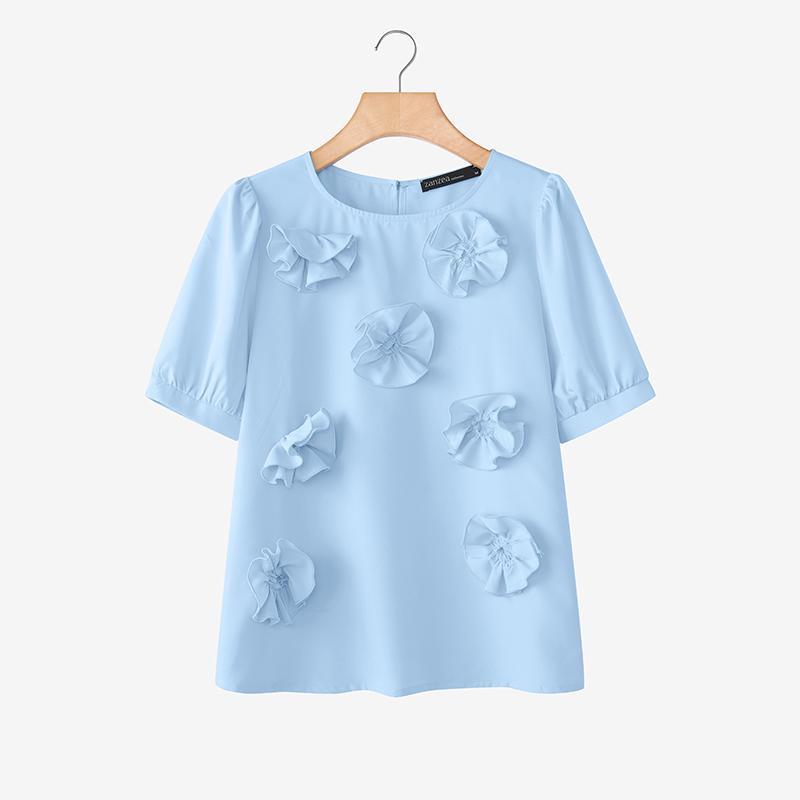 ZANZEA Women Casual Round Neck Elegant Splice Loose Half Sleeve Blouse M синий