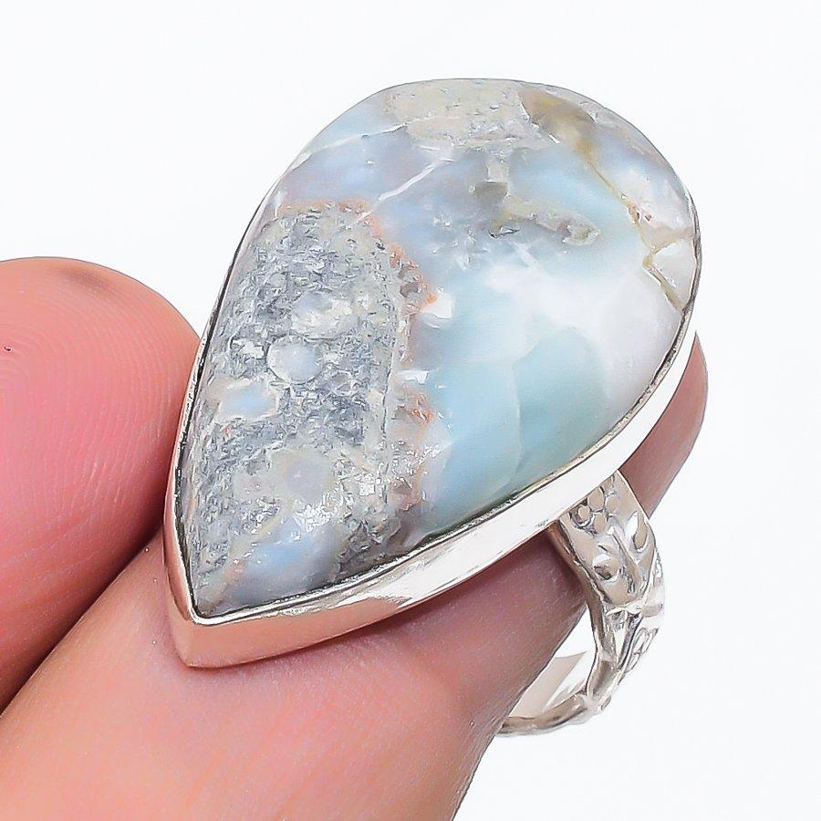 Natural Larimar Gemstone Handmade 925 Sterling Silver Jewelry Ring Size 8.5 c0W66