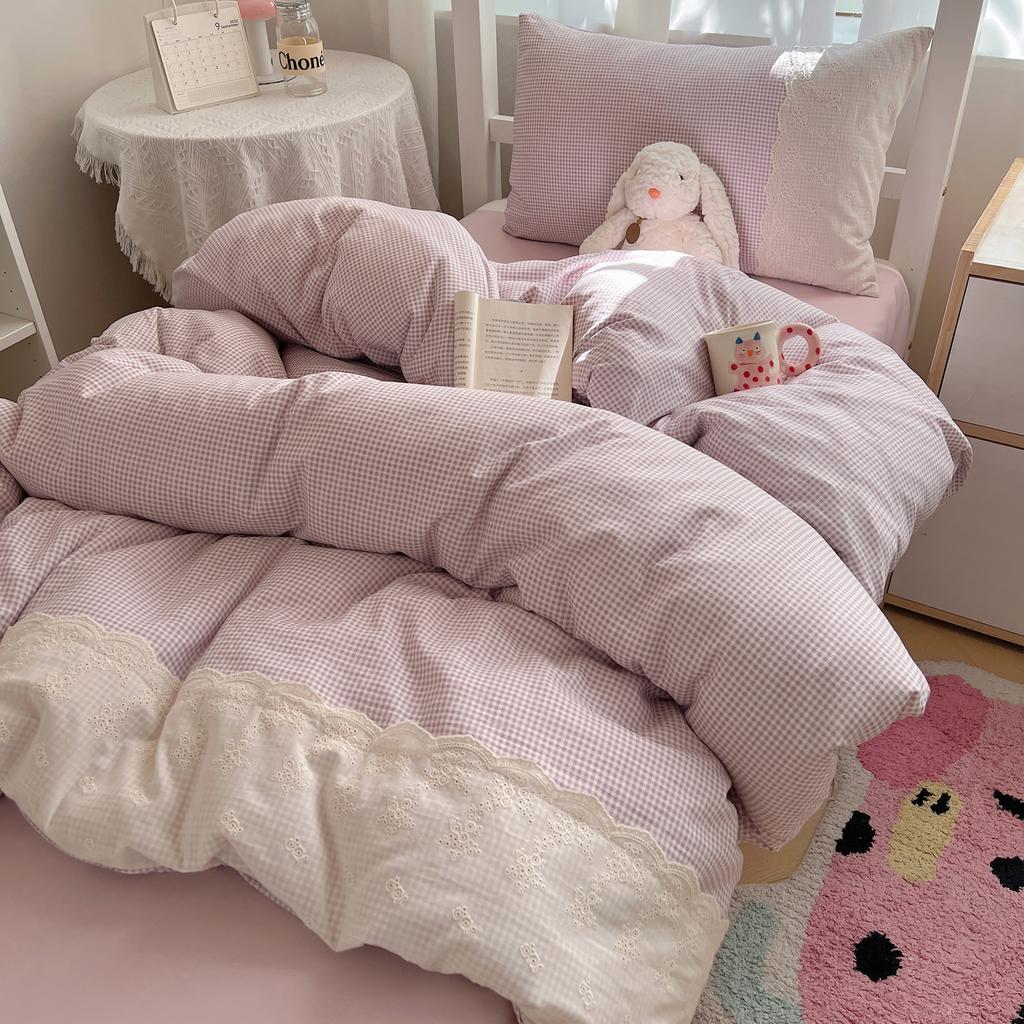 Lace Plaid Duvet Cover Set, Suitable for Bedrooms, Hotels, and  Dorms (1 Duvet Cover + 2 Pillowcases), (Inner Core Not Included)