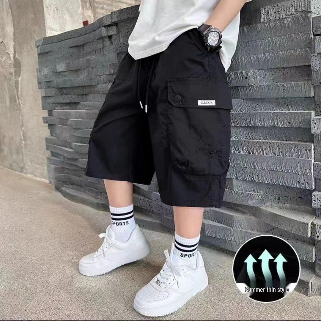 

Boys Summer Lightweight Cargo Shorts - Trendy Five-Point Mid-Length Sports Pants 140 cm чорний