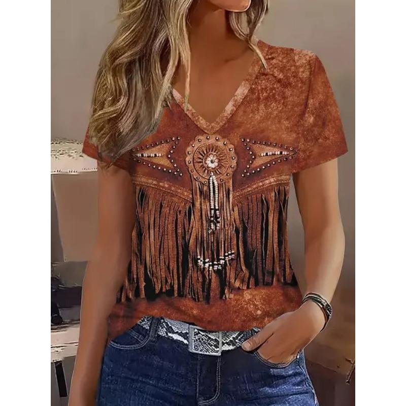 New Casual High-quality Retro Style 3D Women's Short Sleeved V-neck T-shirt