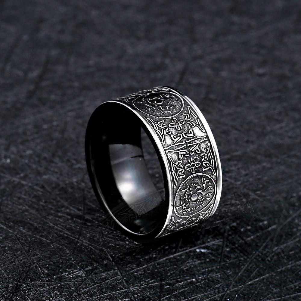 Black Plated Titanium Steel Narrow Men's Ring With Four Divine Beasts Design