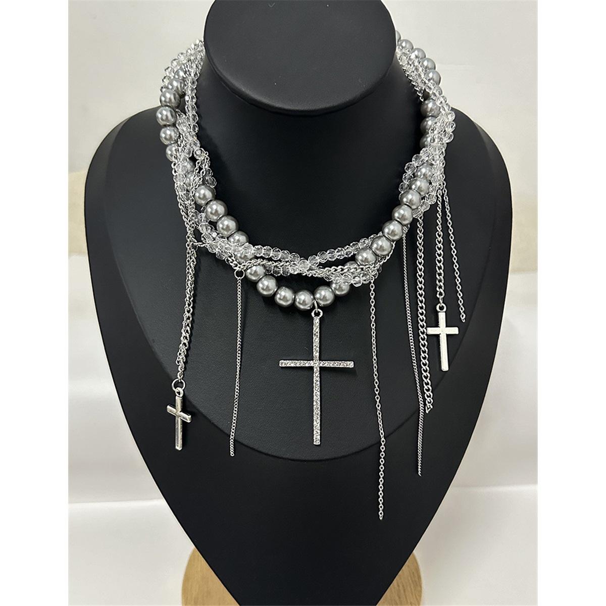 

Tooxika Sweet Cool Hottie Diablo Pearl Wrap Beaded Multi-Layer Tassel Cross Necklace Choker Collarbone Chain белый