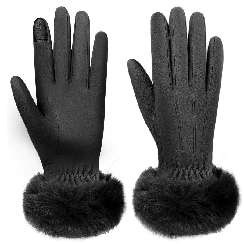 Deerskin Warm Gloves for Women In Autumn and Winter Korean Style Plus Velvet Touch Screen Gloves for Riding and Driving Non Slip Leather Gloves