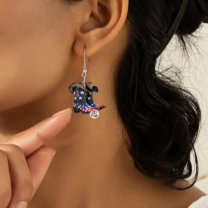 2D Flat Flag Pattern Acrylic Material American Flag Style on Boots Dangle Earrings Lightweight Colorful Earrings for Women Jewelry Gifts