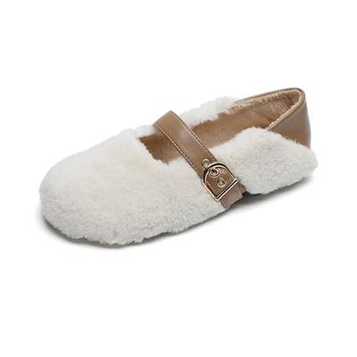 Winter Furry Mary Janes Flat Shoes Women Comfortable Warm Plush Loafers Round Toe Faux Fur Soft Moccasin Female Footwear 34-43