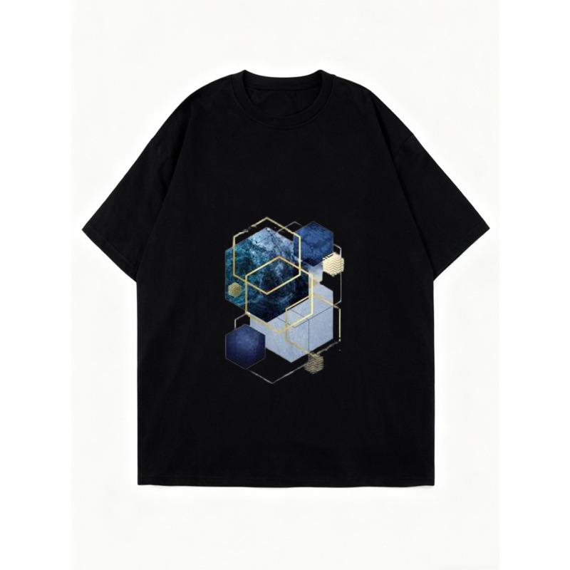 Women's Short-Sleeve T-Shirt with Blue and Gold Geometric 3D Hexagon Patchwork Art Print