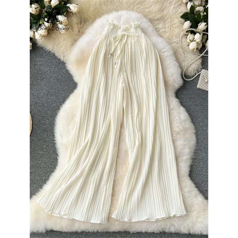 Bandaj Temelleri Rahat Pantolon Kadın Yaz Boy Dökümlü Geniş Bacaklar Pantolon Yüksek Bel Katı Uzun Pilili Pantolon