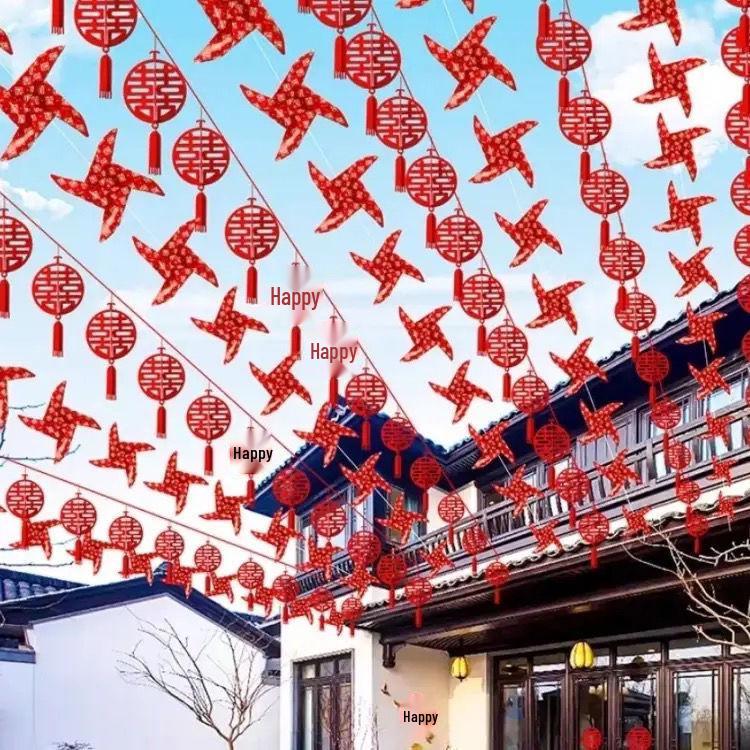 Double Happiness Wedding Bunting: Outdoor Lanterns, String Lights & Hanging Pinwheel Decor