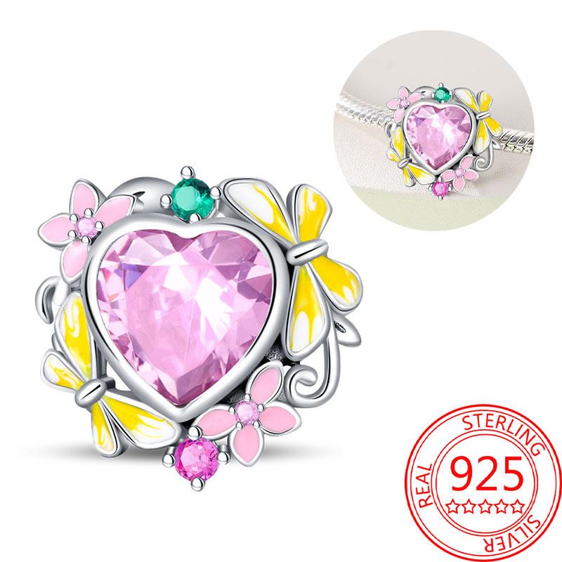 Breloque Pendentif Perles Cœur Rose Scintillant Cuivre Compatible Bracelet Original Pour Femmes Bijoux Cadeaux Saint-Valentin