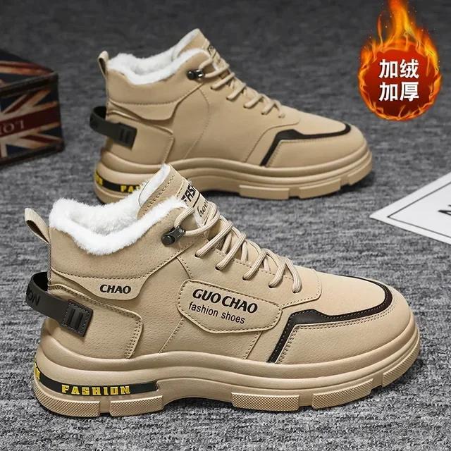 2024 Winter Men's Velvet High Lift Work Clothes, Fashionable Warm Cotton Shoes, Outdoor Lace Up Thick Bottom Casual Sports Shoes