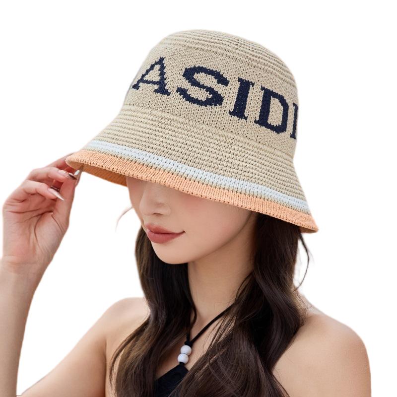 Spring Summer Panama Hat Women Hollow Knitted Hat Bucket Hat Outdoor Sun Visor Beach Hat Letter Jacquard Breathable Travel Cap