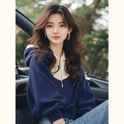 Blue Half-zipper Hooded Sweatshirt Jacket Women's Autumn New Style