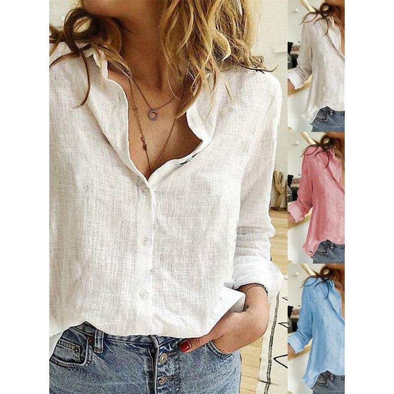 Solid-Color Lapel Short-Sleeve Loose Top Lapel Short Sleeve Loose Shirt for Women
