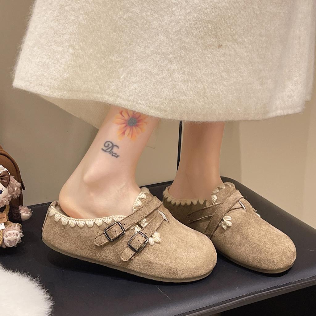 Super fire embroidered bottom Birkenstocks women's autumn and winter new bag head half slippers, wearing versatile cotton slippers