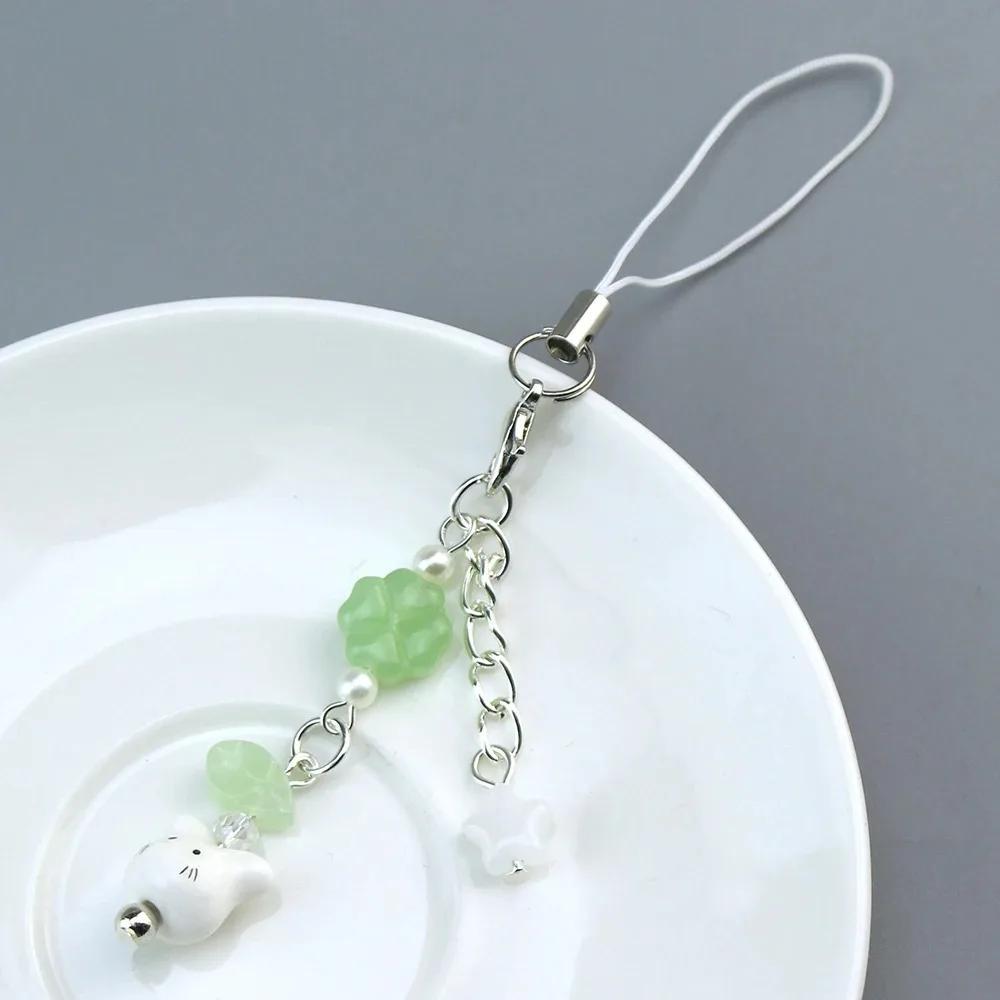 Handmade Four Leaf Clover Beaded Phone Charm Y2K Cute Cat Totoro Keychain Cybercore Cell Phone Chain Pendant Key Ring Bag Decor