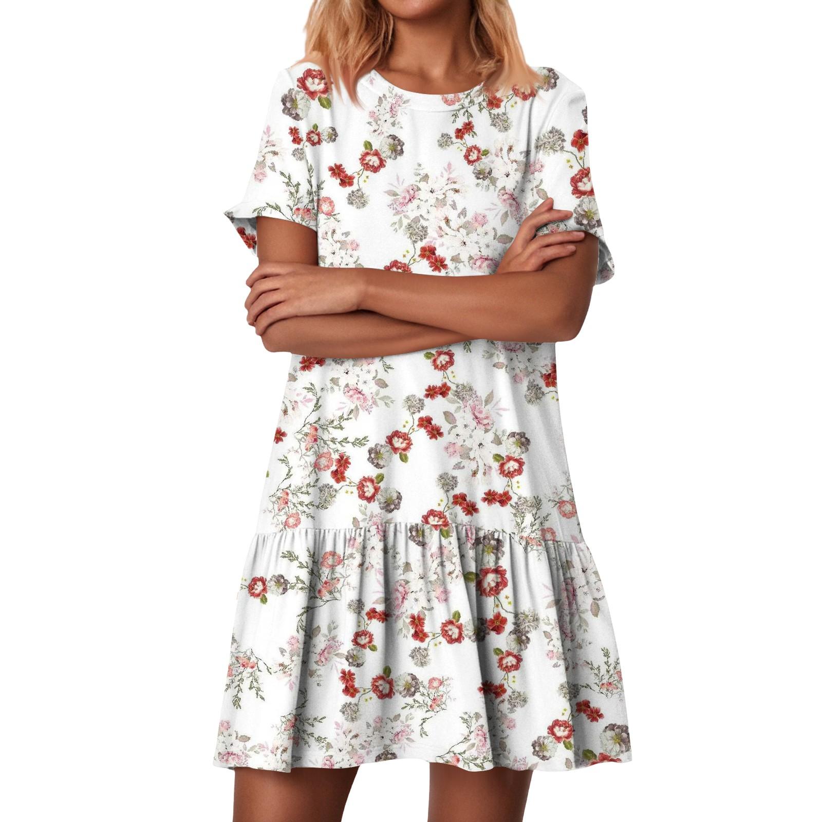 

Women s Fashion Casual Round Neck Short Sleeve Ruffled Vintage Printed Dresses XL білий