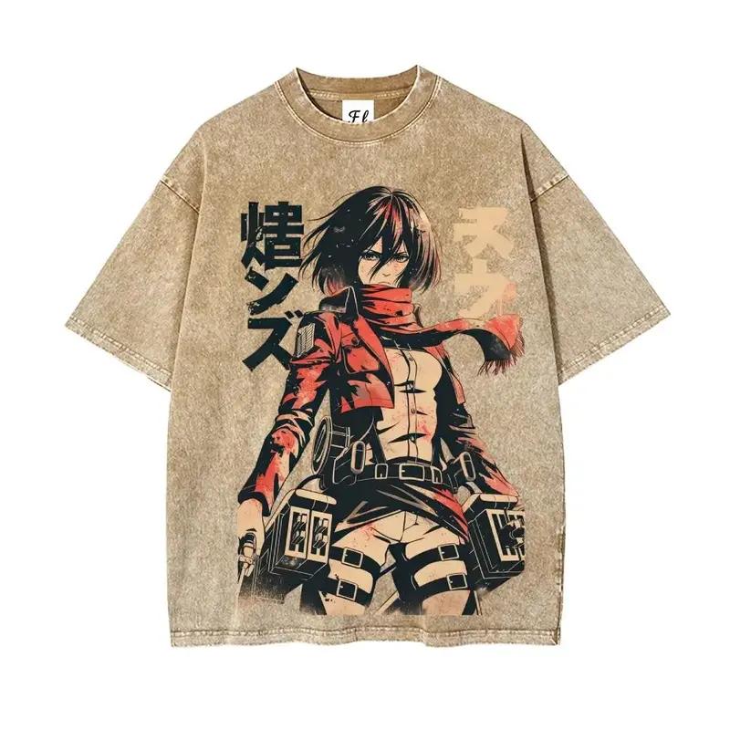 Attack On Titan Mikasa Clothing Men Women Short Sleeve Anime T-shirts Vintage Washed T Shirt Casual Oversized Cotton Streetwear