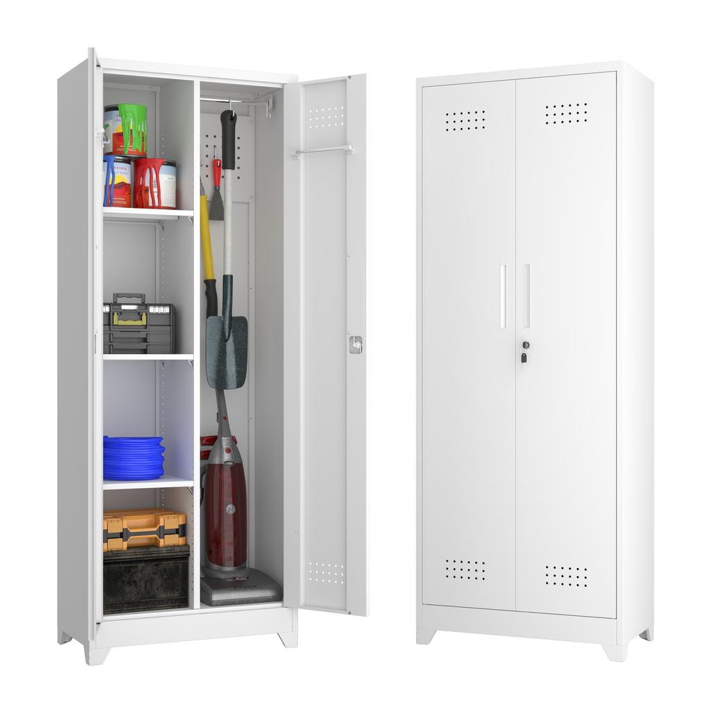 White 65" Metal Cleaning Tool Storage Cabinet with Locking Doors, Shelves, Hanging Rod & S-HooksW