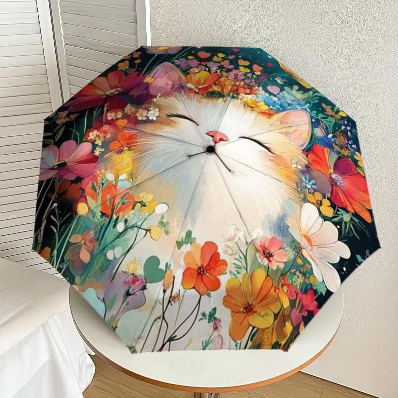 

1pc Floral Cat Garden Umbrella with Plastic Handle,Suitable for All Seasons Home Travel Outdoor UmbrellaDD1642