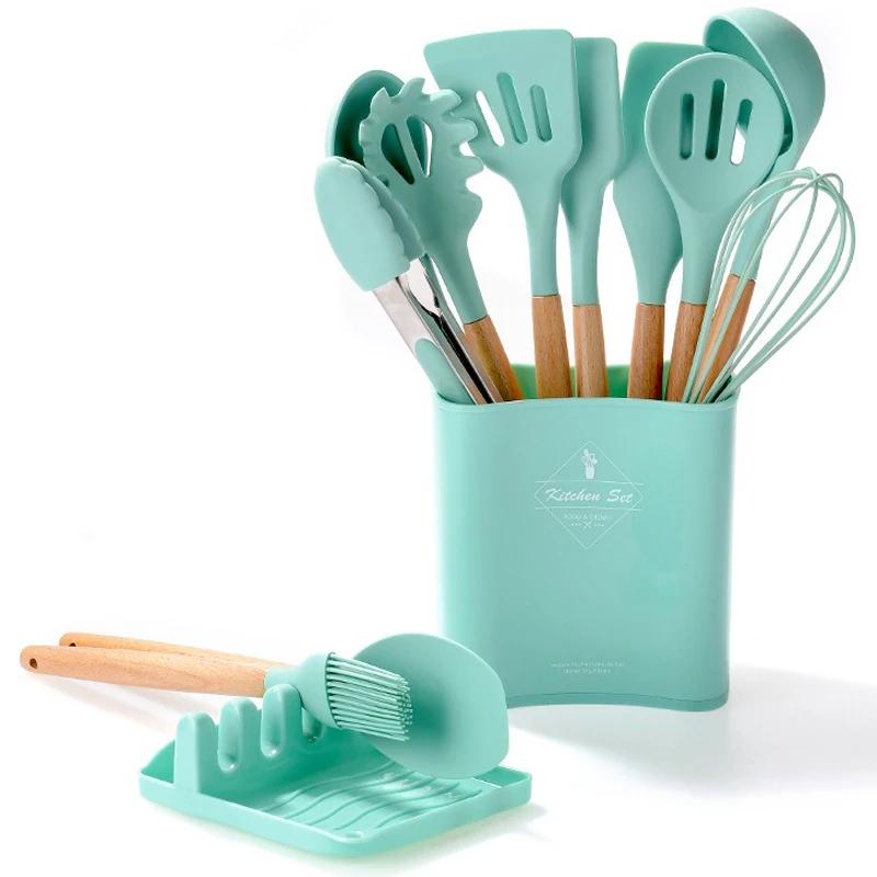 13Pcs Ilicone Kitchen Utensils Spatula Shovel Soup Spoon Cooking Tool with Storage Bucket Non-Stick Wood Handle Kitchen Gadgets
