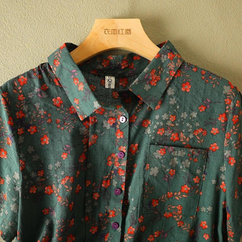 Vintage Floral Print Women's Shirt Summer Fashion Short Sleeve Pocket Loose Casual Blouse Comfortable Soft Thin Daily