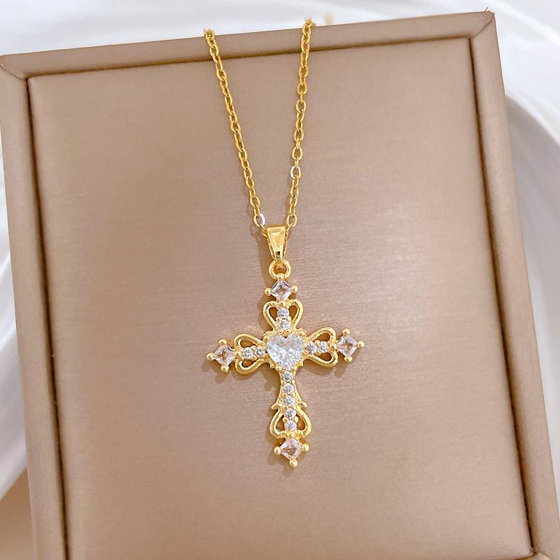 Empty Love Cross Light Luxury Temperament Gorgeous Full Diamond Necklace Female Versatile Collarbone Chain Titanium Steel