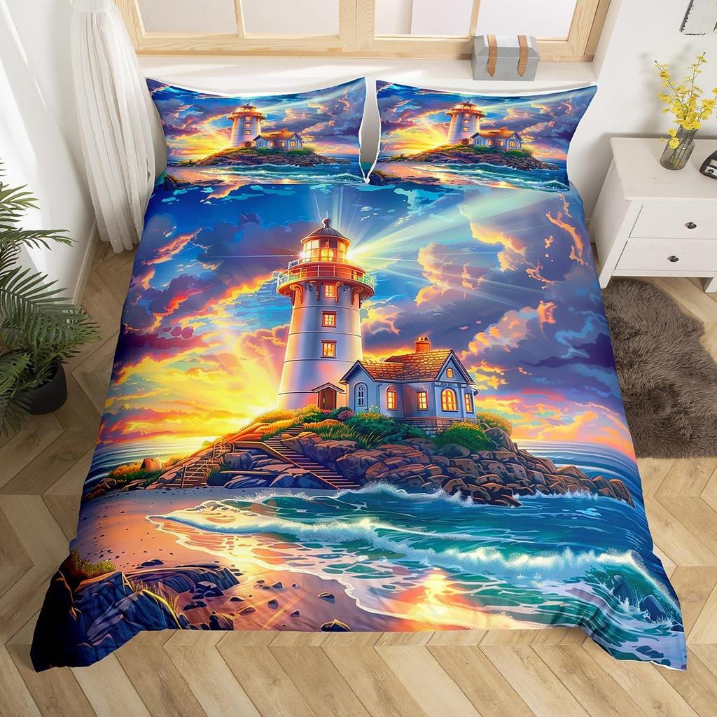 Ocean Beach Duvet Cover Full Lighthouse Comforter Cover Floral Butterfly Bedding Set for Adults Kids Summer Vacation Quilt Cover