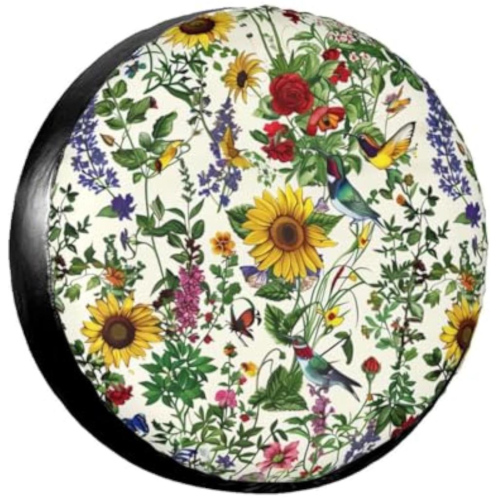 Sunflowers and Hummingbirds Spare Tire Cover Waterproof Wheel Protector Cover for RV SUV Camper