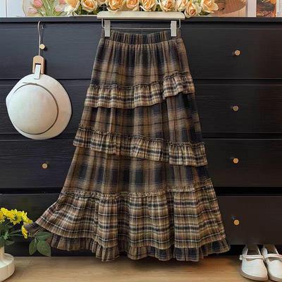 Irregular Plaid Patchwork A-line Skirt with Elastic Waist - Autumn Mid-length