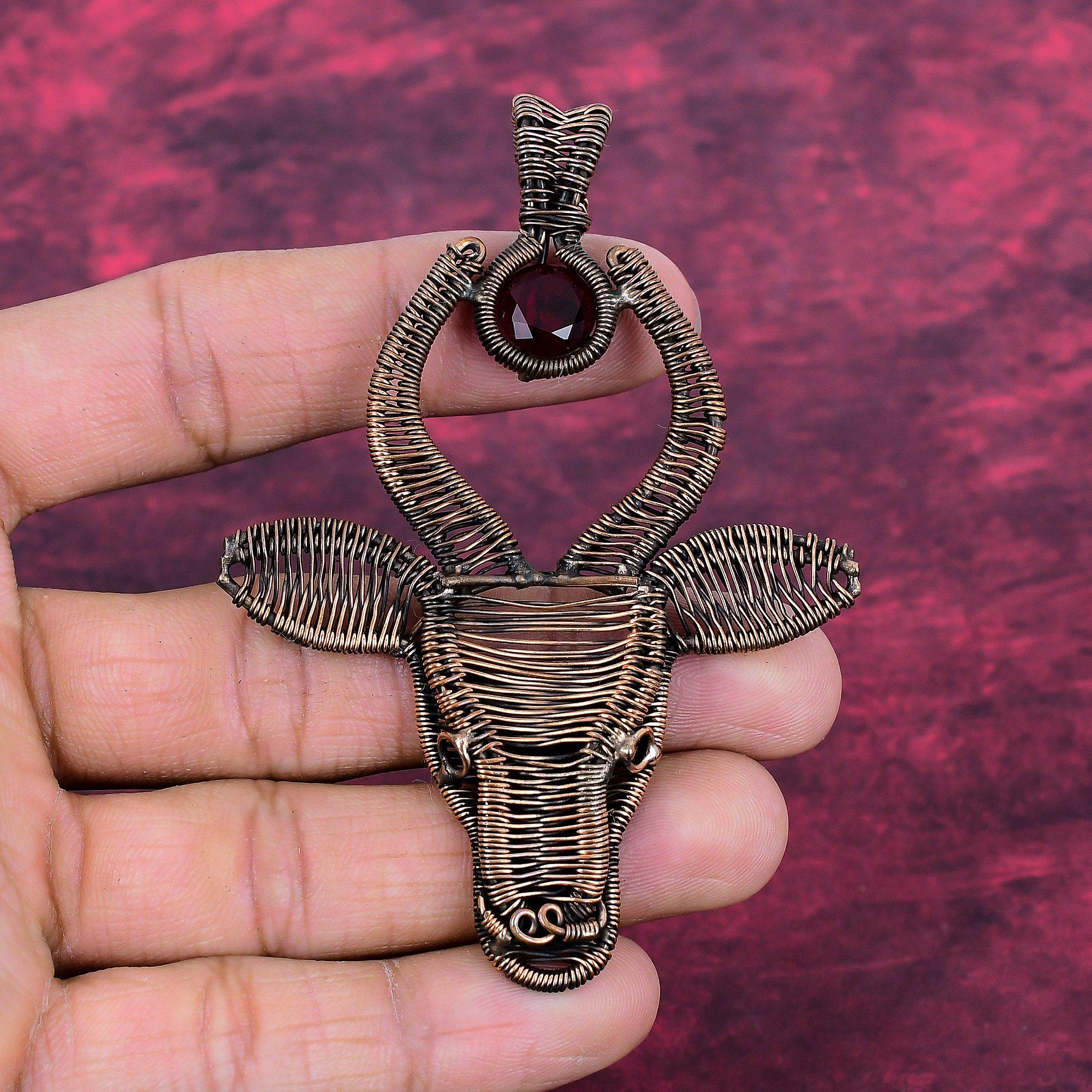 Faceted Mozambique Garnet Gemstone Pendant Copper Wire Wrapped Cow Face Pendant