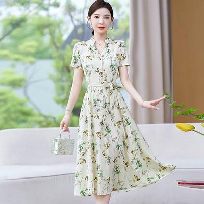 Women's Plus Size Floral Short-Sleeve Summer Waist-Defined Long Dress