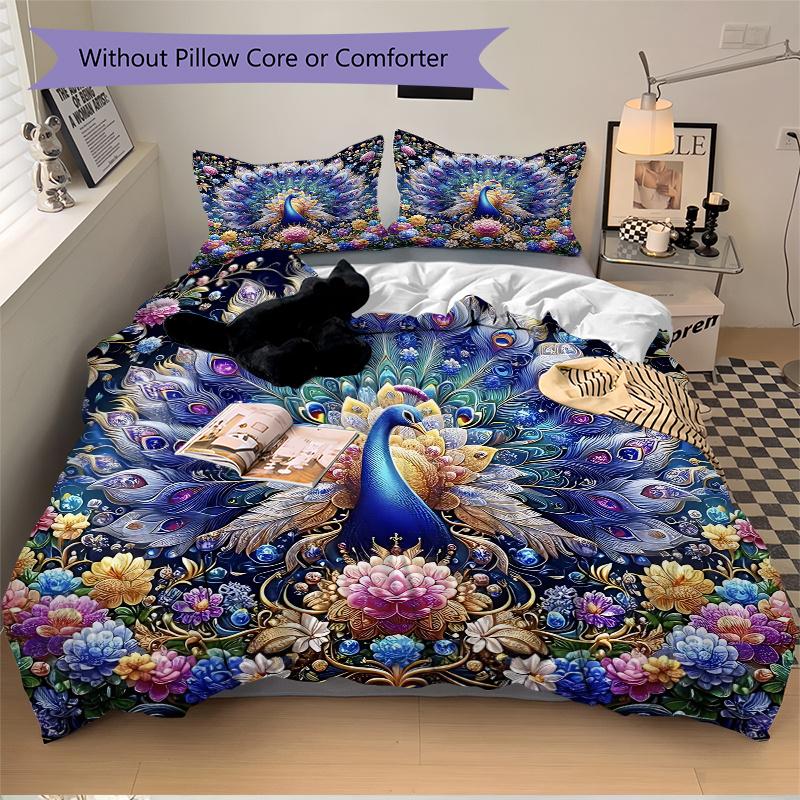 3pcs Enchanted Peacock Bedding Set, Including 1 Quilt Cover and 2 Pillow Shams, Without Filling, Soft and Comfortable Home Bedroom Fabric