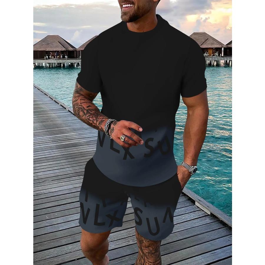 Fashionable new men's summer letter gradient print comfortable breathable round neck T-shirt shorts set outdoor casual clothing