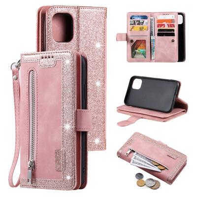 Glitzer Flip Leder Handyhülle für iPhone 16 Pro Max 15 Plus 14 13 Mini 12 11 XS XR SE 2 3 7 8 Kartensteckplatz Lanyard Reißverschluss Geldbörse