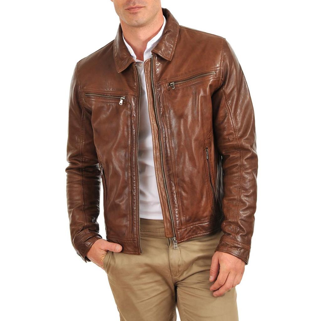 SKINOUTFIT Men's Genuine Lambskin Tan Leather Jacket Stylish Motorcycle Bomber Biker Outerwear MJ 45