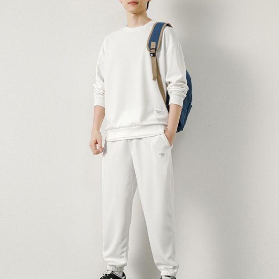 2Pcs/Set Men Casual Sport Suit Waffle Texture O-neck Long Sleeve Sweatshirt Elastic Waist Pockets Jogger Pants Set Loose Fit Sweatshirt Suit
