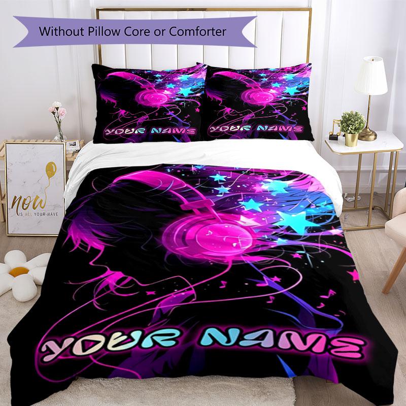 3pcs Custom Name Music Dreams Neon Lights Bedding Set Printed Bedding Set Duvet Cover Closure Includes 1 Duvet Cover & 2 Pillowcases Bedroom Decor