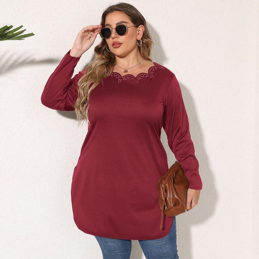 Women's Plus Size Mid-Length Burnout Hollow Out Slit Long Sleeve T-Shirt