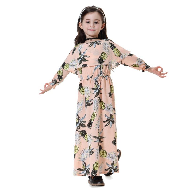 Dívčí šaty s potiskem a dlouhým rukávem, muslimské arabské dívčí šaty s kulatým výstřihem, květinové šaty, turecké islámské oblečení, dětské šaty