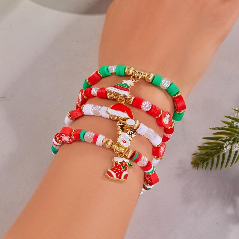 Christmas Day Color Acrylic Diamond Snowflake Bell Elastic Beaded Bracelet Christmas Set