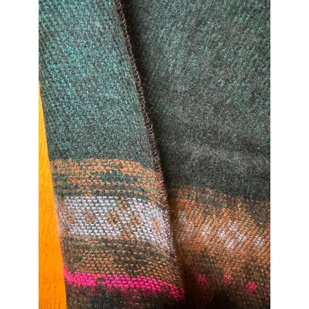 Used Large Native Pattern Stole with Fringe, Shawl, Muffler, Green Tones