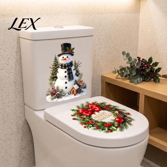 Christmas Bathroom Supplies Snowman Wreath Toilet Sticker, Peel And Stick Decor Decal Decal, Removable Waterproof Lid Wall Sticker for Holiday Cover