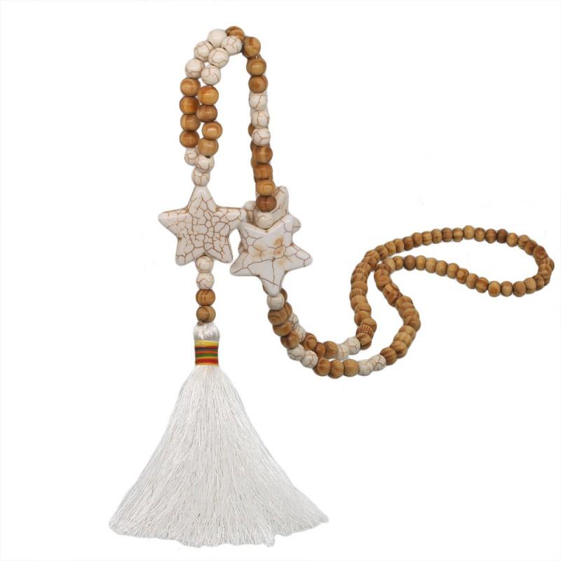 Handmade Wooden Bead Necklace With Tassel Pendant Turquoise Star Charm Women Winter Layering Chain N2366