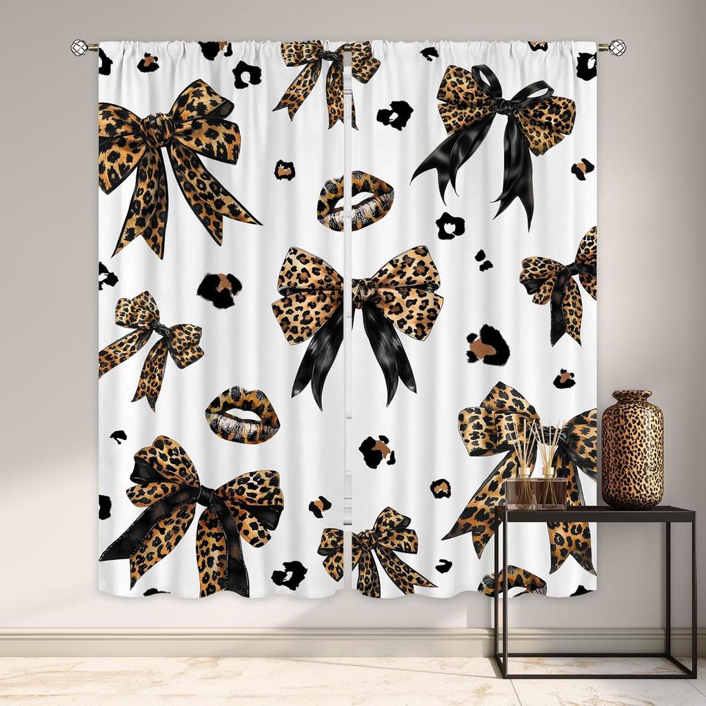 Modern Pink Bow Leopard Print Curtains Preppy Girly Cheetah Cute Pretty Sweet Girls Art Printed Retro Fashion Curtain Polyester With Rod Pocket